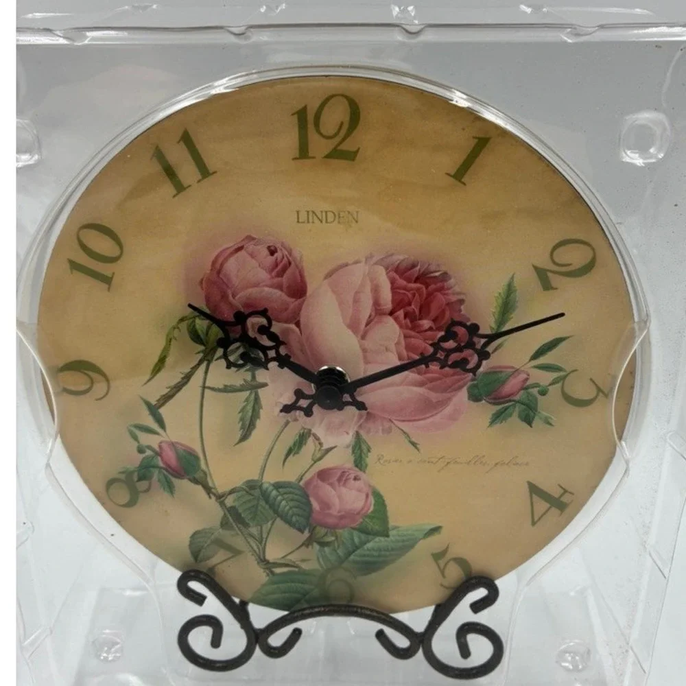 NEW Linden Roses Decorative Plate‎ Clock Vintage Floral Quartz Table Wall Stand